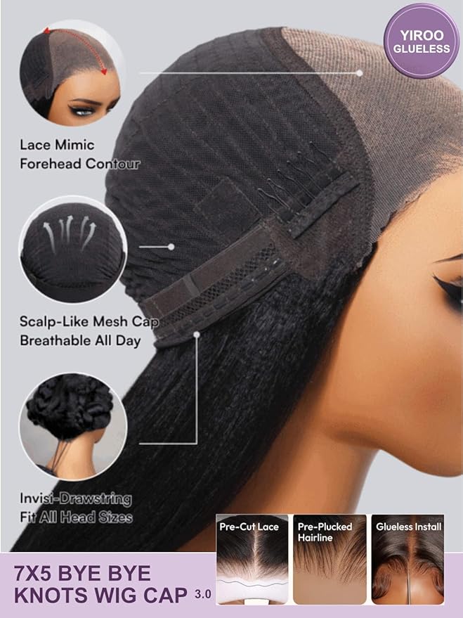 YIROO Bye Bye Knots 7x5 Lace Straight Bob Wig Glueless Human Hair Wig with Elastic DrawstringPre Plucked Pre Cut Short Bob Lace Closure Wig Wear and Go Natural Color 150% Density 12Inch