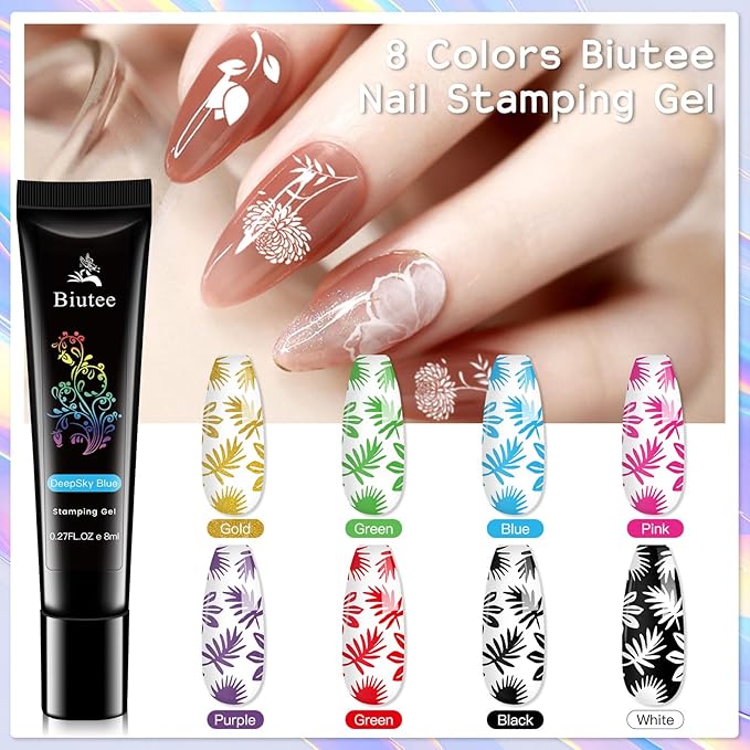 Biutee Nail Stamper Kit 16Pcs Nail Art Stamping Plate 8 Colors Stamp Polish Gel Silicone Stamper Scraper with Storage Bag Nail Stamp Plates Love Flower Butterfly Leaf Template Christmas Design Gift