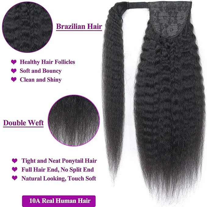 12 Inch Afro Kinky Straight Wrap Around Human Hair Ponytai Wrap Around Ponytail with Clips Soft and Bouncy Magic Yaki Kinky Straight Magic Paste Ponytail Virgin Remy Human Hair Extension