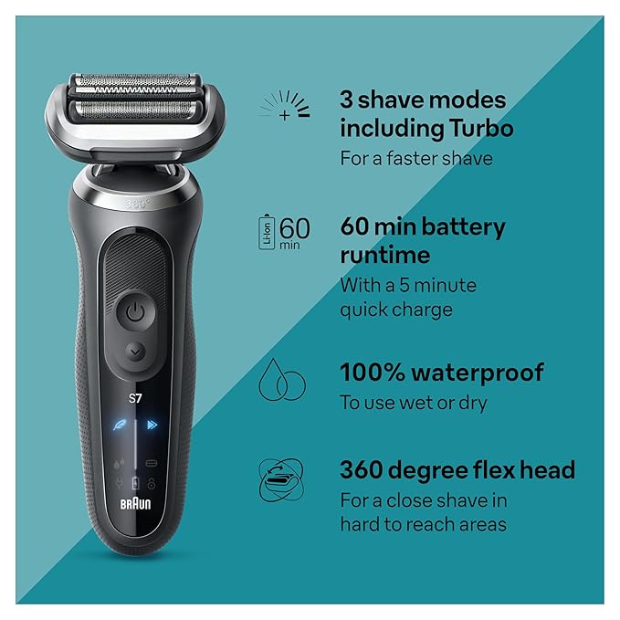 Braun Electric Shaver for Men Series 7 7127cs Wet &amp Dry Shave Turbo &amp Gentle Shaving Modes Waterproof Foil Shaver Engineered in Germany with Beard Trimmer Charging Stand Space Grey