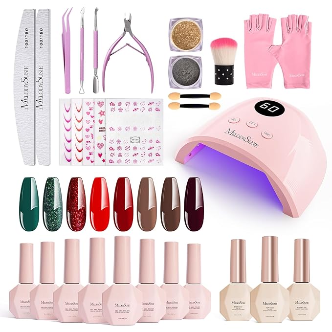MelodySusie Gel Nail Polish Kit with UV Light P-PLUS30F- Popular Color Gel with Builder and Baser &ampGlossy Top Coat Soak Off Includes Nail Art Tools Nail Art Gift for Women &amp Girls