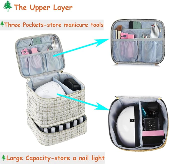 CTWWFS Nail Polish Organizer and Nail Lamp Case Nail Kit Organizer Holds 30 Bottles (15ml - 0.5 fl.oz) and a Nail Lamp Nail Polish Carrying Case with Manicure Tools Storage Sections (A-White)