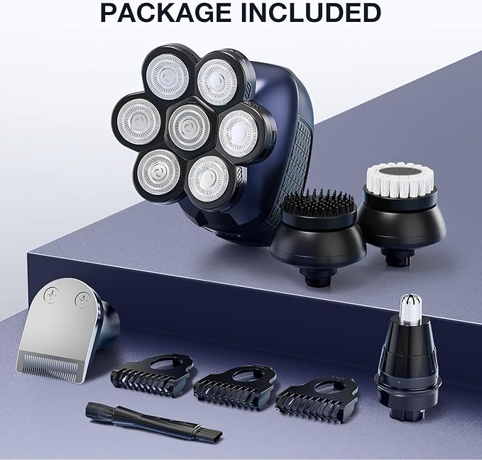 Head Shaver 7D Wyklaus Upgrade Head Shavers for Bald Men Head Electric Razor with Nose Hair Trimmer IPX6 Waterproof Wet/Dry Mens Grooming Kit Anti-Pinch LED Display USB Rechargeable