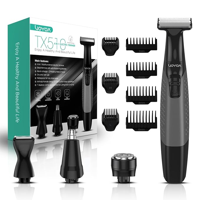 VOYOR Beard Trimmer for Men Electric Razor Nose Face Body Hair Trimmer with Adjustable Length Combs All in 1 Rechargeable Mens Grooming Kit Cordless Electric Shaver Wet/Dry TX510 (Grey)