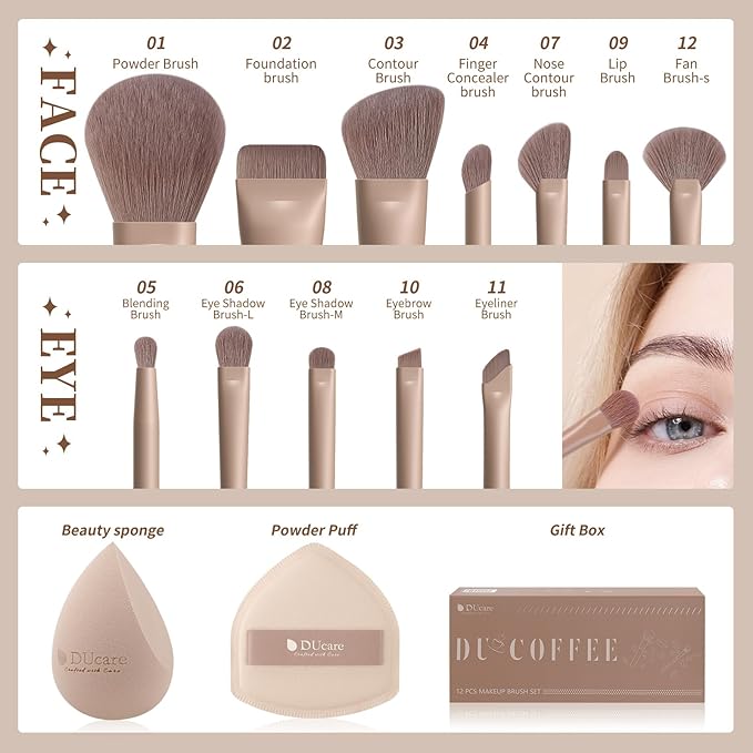 DUcare 14pcs Christmas Makeup Set12Pcs Coffee Series Makeup Brush set with 2pcs Makeup Sponges Foundation Blending Face Powder Blush Eye Shadows Brushes