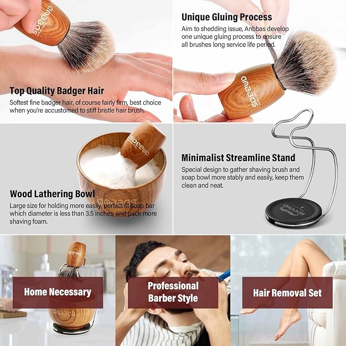 Anbbas Badger Hair Shaving Brush with Wood HandleLarge Soap BowlStainless Steel Shaving Stand and 3.5 oz Natural Shaving Soap Puck Refill for Men