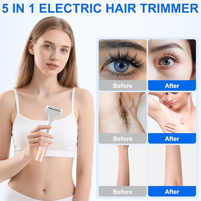 5-in-1 Bikini Trimmer Electric Razors for Women Cordless Electric Shaver with LCD Display for Facial Body Legs Hair Rechargeable Waterproof Pubic Body Hair Trimmer Birthday Christmas Gifts for Women