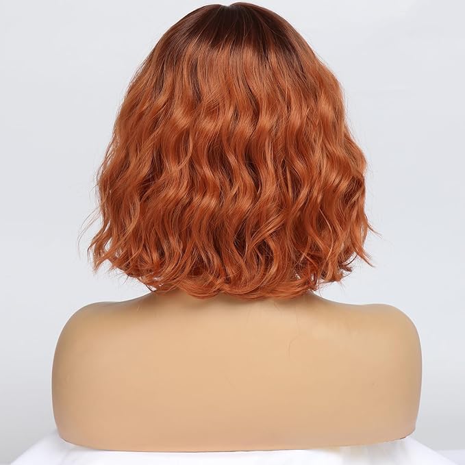 Short Copper Red Wigs for Women Fox Red Wig Ombre Red Dark Root Culy Bob Wigs with Bangs Ginger Hair Wig Wavy Synthetic Wigs(14Inches)