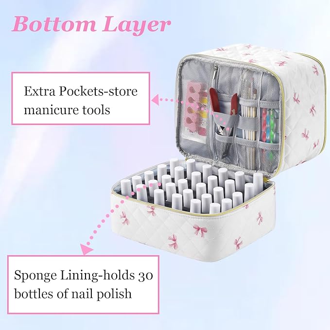 PU Leather Nail Polish Organizer and Nail Lamp Case Nail Kit Organizer Holds 30+ Bottles (15ml - 0.5 fl.oz) and a Nail Lamp Nail Polish Carrying Case with Manicure Tools Storage Sections (Pink Bow)