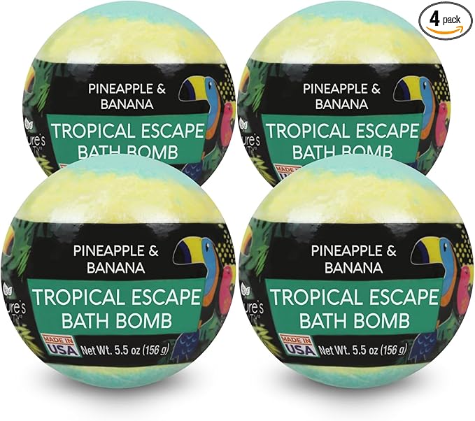 Nature's Beauty Tropical Escape Pineapple &amp Coconut Scent Bath Bomb Multi-Pack - Natural Hand Crafted Luxury Spa Bomb Nourish Dry Skin Made w/Coconut Oil + Witch Hazel 5.5 oz (4 Pack)