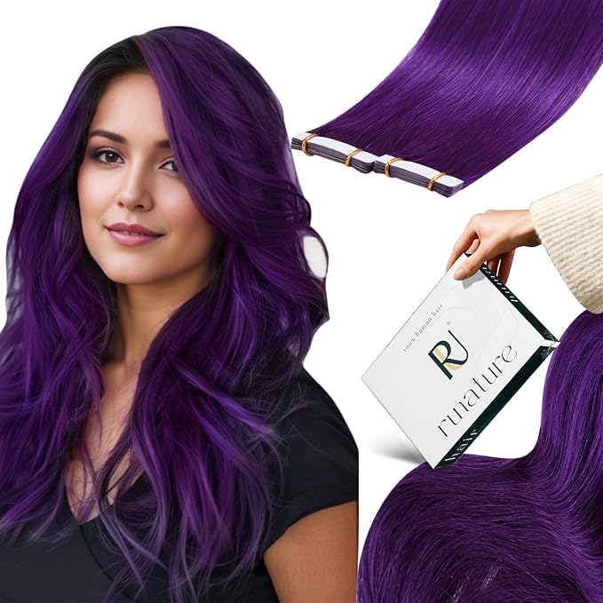 RUNATURE Tape in Hair Extensions Human Hair 18 Inch Purple Tape in Hair Extensions Purple Human Hair Tape ins Purple Hair Extensions Tape in Extensions Purple Extensions Hair for Highlight 25g 10pcs
