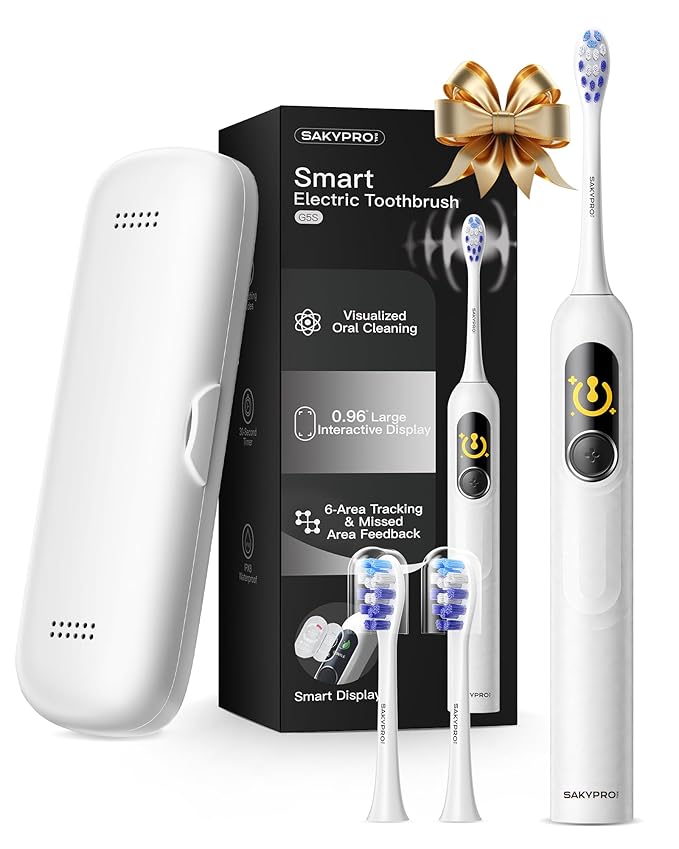 Electric Toothbrush with AI Smart Screen for Adults Kids | 150-Day Battery Real-Time Brushing Map | Whitening Mode 3-Min Timer Travel Case | Family Sonic Electric Tooth Brush (G5S White)