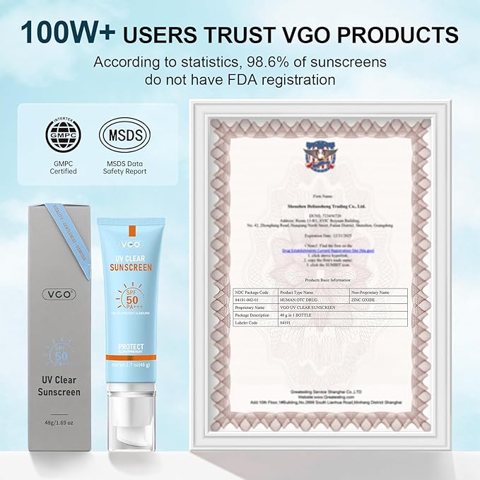 VGO Mineral Sunscreen for Face Reef Safe Sunscreen Oil-Free Face Moisturizer with SPF 50 Broad-Spectrum UVA/UVB Protection Lightweight Non-Comedogenic Travel Size (1 pack)