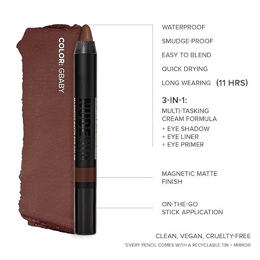Nudestix Magnetic Matte Eye Color ? 3-in-1 Long-Wear Cream Eyeshadow Pencil Eyeliner &amp Primer | Waterproof Budge-Proof Matte Finish | Vegan &amp Cruelty-Free Eye Makeup