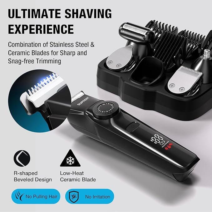 SUPRENT Beard Trimmers for Men - All-in-One Mens Grooming Kits with 40 Precision DialsWaterproof Adjustable Trimmers for Hair Beard Face Nose &amp Body USB-C Rechargeable 3.5H Running Time (Bla