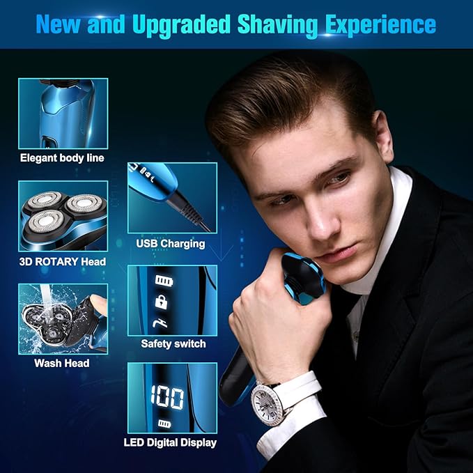 Electric Razor for Men Cordless 3D Rotary Head Shavers for Men Face Wet/Dry Waterproof LED Display Ideal Gift for Husband/Dad/Boyfriend (Blue)