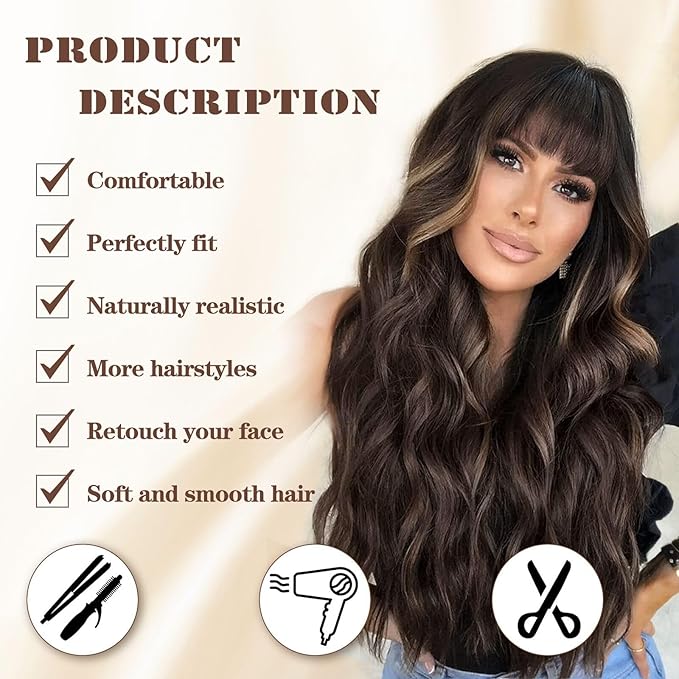 Lativ Brown Wig With Bangs Long Wavy Brown Hightlight Wigs Natural Curly Synthetic Wig for Women Daily Party Use 26 Inches