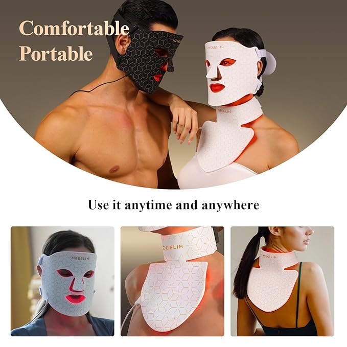 MEGELIN Led Red Light Therapy Face &amp Neck Mask 7 Colors Led Light Therapy Facial Mask Infrared Red Light Therapy Mask Infrared Light Skin Rejuvenation(White)