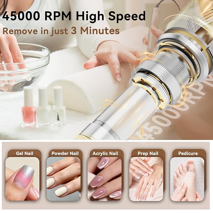 Electric Nail Drill 45000RPM 2025 Pro High Tech Fast Remove Cordless Nails Drill with Rechargeable Stand for Acrylic Nails 12Pcs Drill Bits and Holder LCD Professional Nail Machine for Salon Home