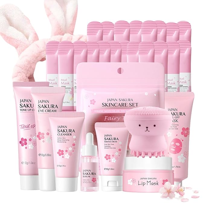 Japan Sakura Skin Care Set for Teen Girls - Evolvique Skin Care for Teens 10-12 - Skincare for Girls 10-12 - Skin Care Kit Gift Set for Women with CleanserSerumCream(One Size 8PCS Sakura Scent)