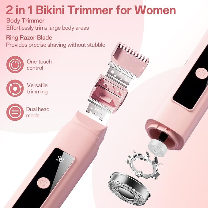 Bikini Trimmer for Women: 2-in-1 Electric Shaver with Digital DisplayIPX7 Waterproof &amp Easy Cleaning&amp Travel Lock - Dual Head Trimmer for Underarms Legs Face (Pink)
