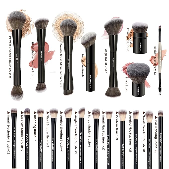 MAANGE 20 PCS Makeup Brush Set with Bag Double-ended Kabuki Brush Foundation Contour Brush for Liquid Powder Concealer Eye Shadows Cream Cosmetics Blending Blush Face Makeup Tools with Case (Black)