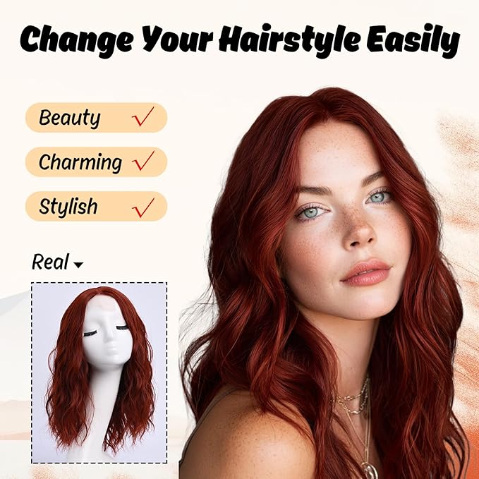 Medium Length Copper Red Wavy Wigs for Women 18 Inch Middle Part Wavy Fox Red Wig Natural Looking Synthetic Heat Resistant Fiber Wig for Daily Party Use (18 inch)