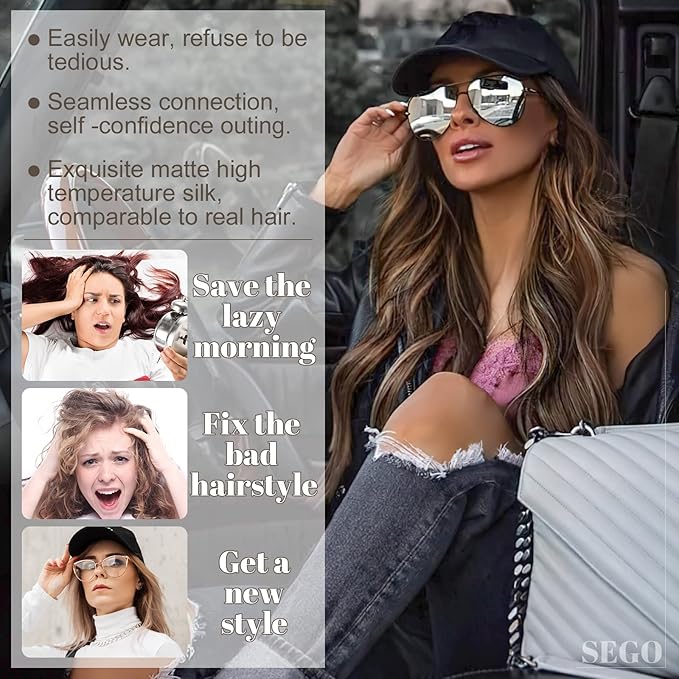 SEGO Baseball Cap with Hair Extensions for Women Heat Resistant Synthetic 16 Inch Adjustable Long Wavy Hairpiece Replacement Wigs in Hat for Girls99J