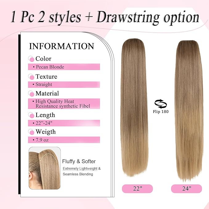 Ponytail Extension 24 Long Straight Claw Clip Ponytail Extension clip on ponytails hair clip Hair claw clip Fake Ponytail Hairpieces for Women - Pecan Blonde