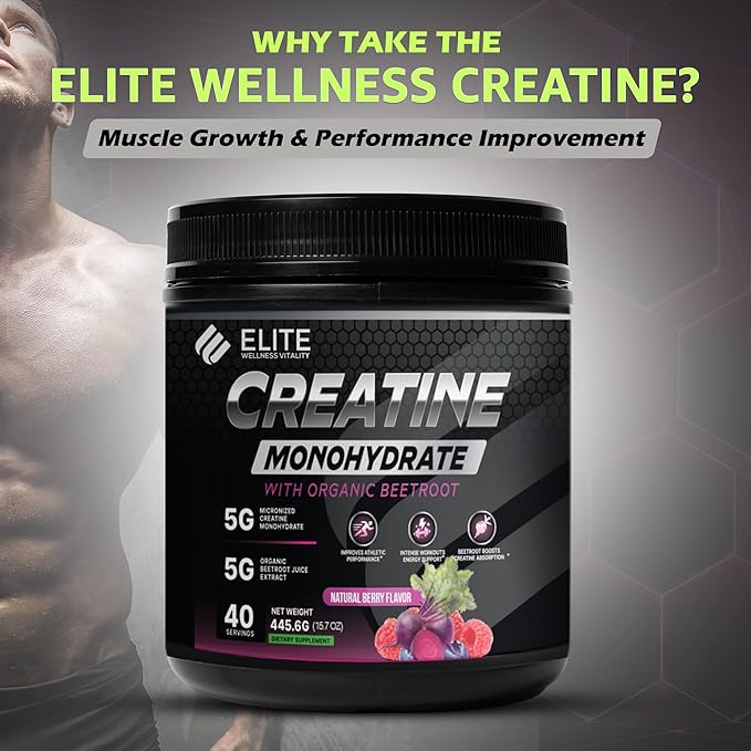 Elite Wellness Berry Flavor Creatine Monohydrate with Organic Beetroot Supplement - Supports Muscle Strength Stamina Cognitive Function &amp Athletic Performance Gluten &amp Dairy Free NSF Quali