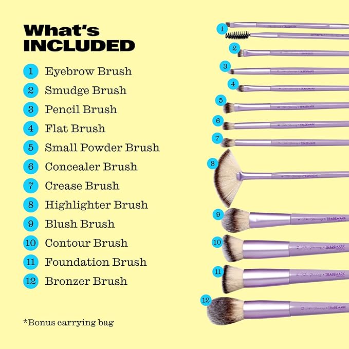 Trademark Beauty The Essentials Makeup Brush Collection - Makeup Brushes Synthetic Bristles Blending Shading Contour - Lavender 12-Piece Set