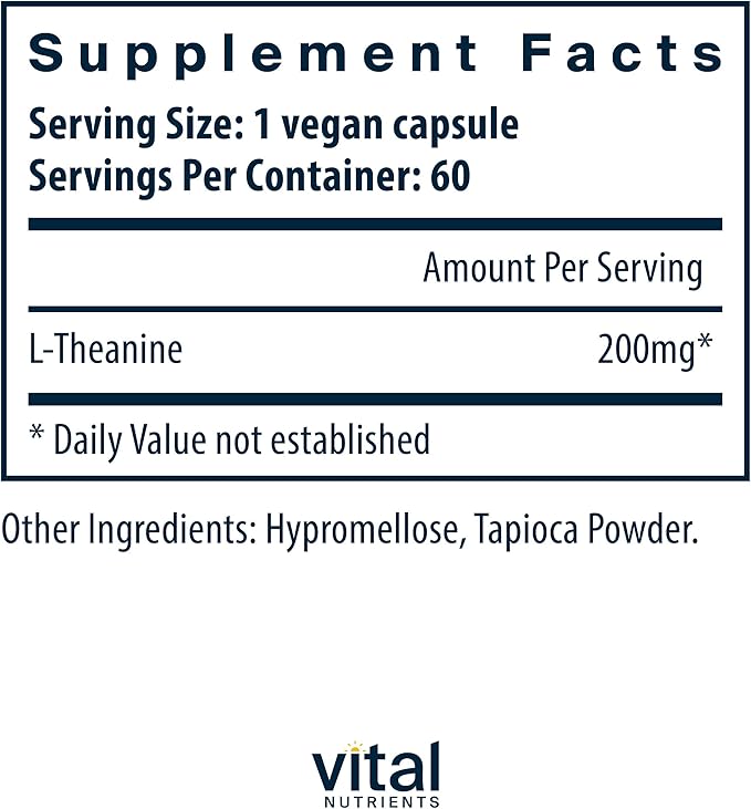 Vital Nutrients L-Theanine 200mg | Vegan Supplement | L Theanine Supplement Supports Normal Stress Levels and Cognitive Function* | Gluten Dairy and Soy Free | 60 Capsules