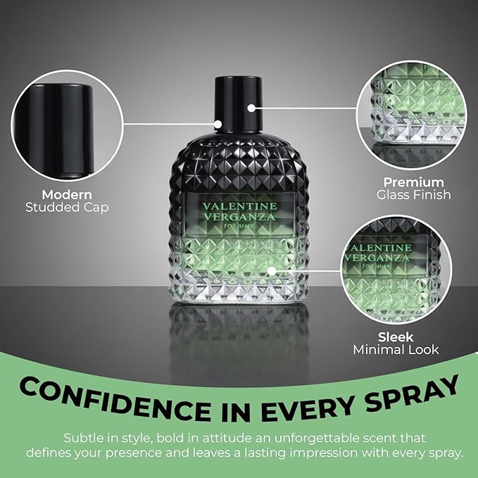 Valentine Verganza Men's Cologne Premium Glass Bottle with Oriental Notes Eau de Parfum and 3.4 Fl Oz / 100ML + 30ML Travel Spray Fragrance Gift Set