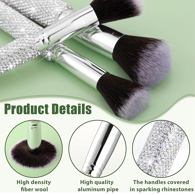 Nuogo 13 Pcs Rhinestone Makeup Brushes Set 12 Bling Crystal Professional Face Cosmetics Blending Liquid Foundation Powder Concealer Eye Shadows Make up Beauty Tool Glitter with 1 Holder
