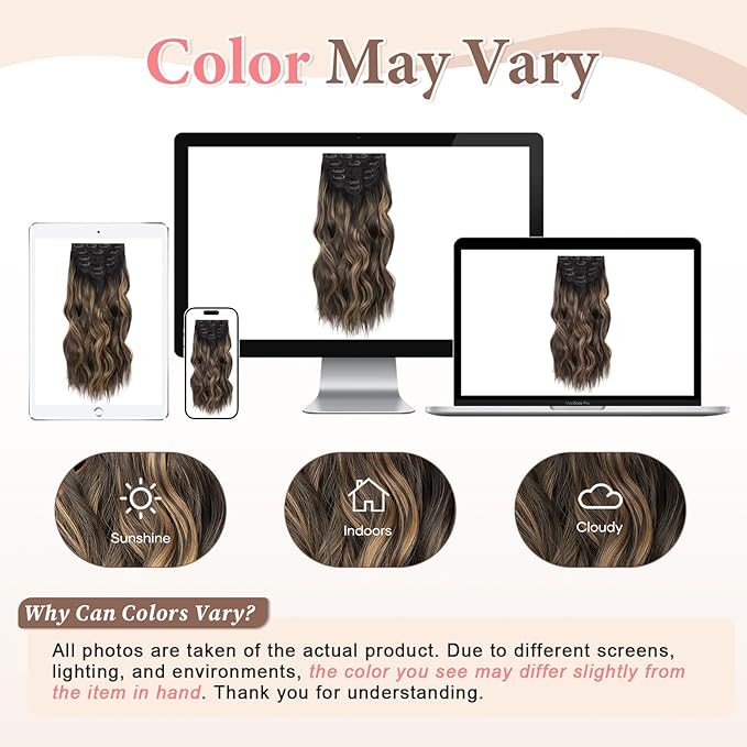 Synthetic Clip in Hair Extensions 6PCS Natural &ampSoft Hair&amp Blends Well Lonng Wavy Hairpieces(20inch6pcs Black with Brown Highlights)