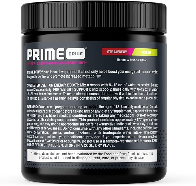 Prime Drive Energy Strawberry Melon Pre Workout Energy Drink Powder Provides Extreme Energy Focus and Intensity Boosts Metabolism 10.2oz (30 Servings)