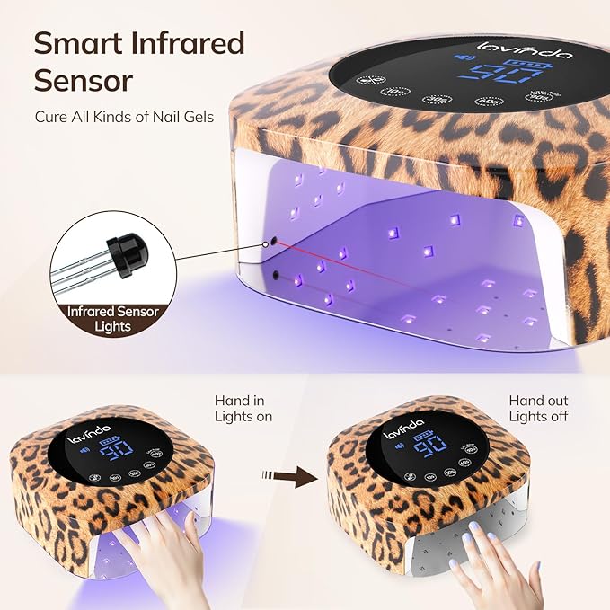 Lavinda LED Nail Lamp UV Light for Gel Nails 54W Cordless Rechargeable UV Lamp Nail Light with 4 Timer 2X Faster Professional Gel Polish Curing Nail Dryer for Salon Use-Leopard Print