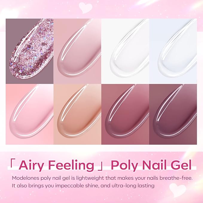 Modelones Poly Nail Gel Kit 8 Rosy Pink Colors with 48W U V/LED Lamp Poly Extension Gel Complete Nail Art Tools Professional Starter Manicure Kit Supplies Rhinestone Glitters Beauty Gift DIY at Home