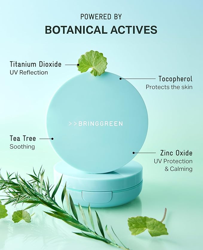 BRING GREEN Tea Tree CICA Facial Sun Cushion SPF 50+ PA++++ | Korean Mineral Sunscreen for Face | Non-Nano Reef-Safe Redness Correcting with Zinc Oxide | Travel Size Sun Protection
