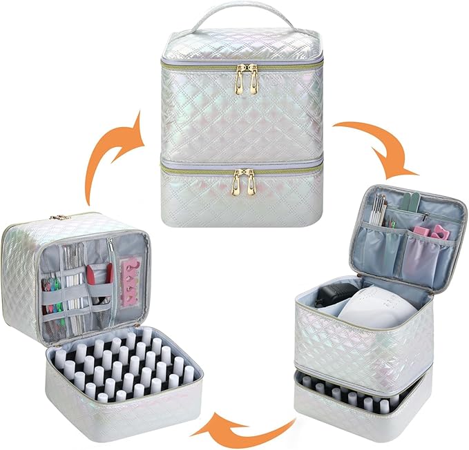 Nail Polish Organizer and Nail Lamp Case Nail Kit Organizer Holds 30 Bottles (15ml - 0.5 fl.oz) and a Nail Lamp Nail Polish Carrying Case with Manicure Tools Storage Sections (White)