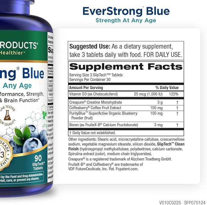 Purity Products EverStrong Blue Strength Building + Brain Boosting w/Muscle Matrix Blend ft. Creatine Monohydrate + More PurityBlue Organic Blueberry Complex 1000 IU Vitamin D3-90 Tablets