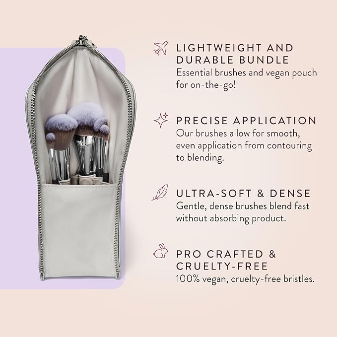 BK BEAUTY BRUSHES - ANGIE HOT &amp FLASHY Travel Brush Set with Pouch - Foundation Makeup Brushes - Brush for Liquid or Cream Foundations - Under-Eye Concealer | Bronzer Blush &amp Highlighter Make