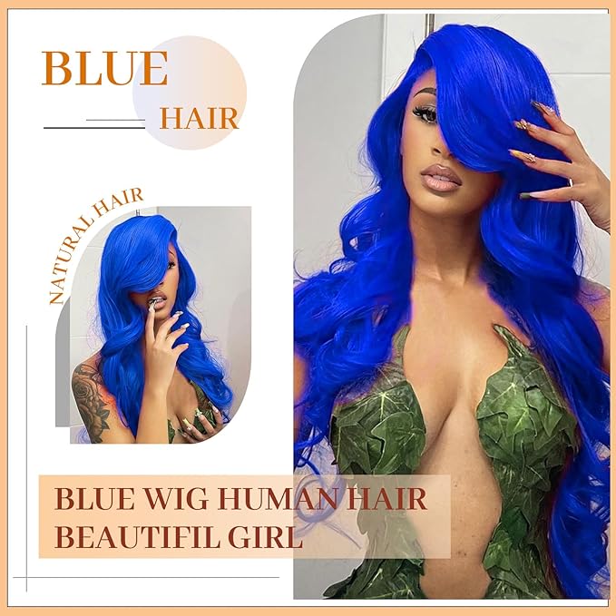 Blue Lace Front Wig Human Hair 13x4 Lace Frontal Wigs 200 Density Body Wave HD Lace Front Wigs Pre Plucked Real Hair Wigs for Women Lace Wig 20 Inch