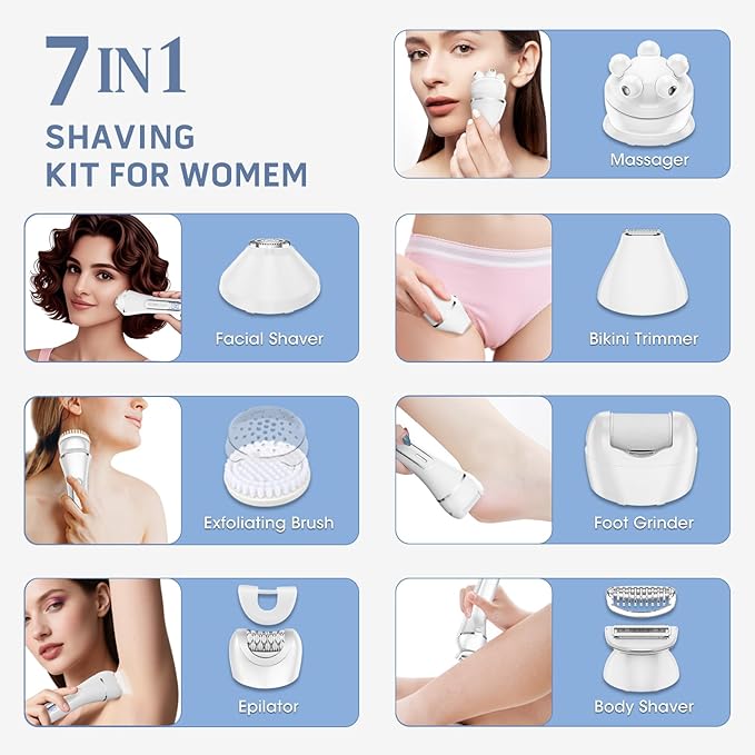 Electric Shavers for Women 7 in 1 Hair Removal Kit with Epilator Bikini Trimmer Face Razor Body Brush Face Massager Foot Callus Remover IPX7 Waterproof Lady Razors Set for Legs Armpit Bikini Pubic
