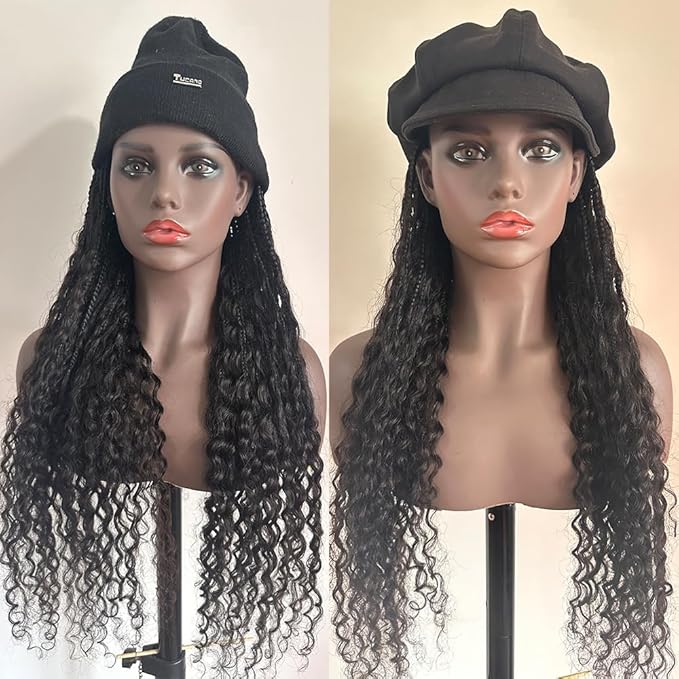 Boho Box Braids Band Wig with Human Hair Curly Ends Grab &amp Go Boho Band Braids Hair Extensions Goddess Boho Briaded Hat Wigs without Cap 12inch Natural Black