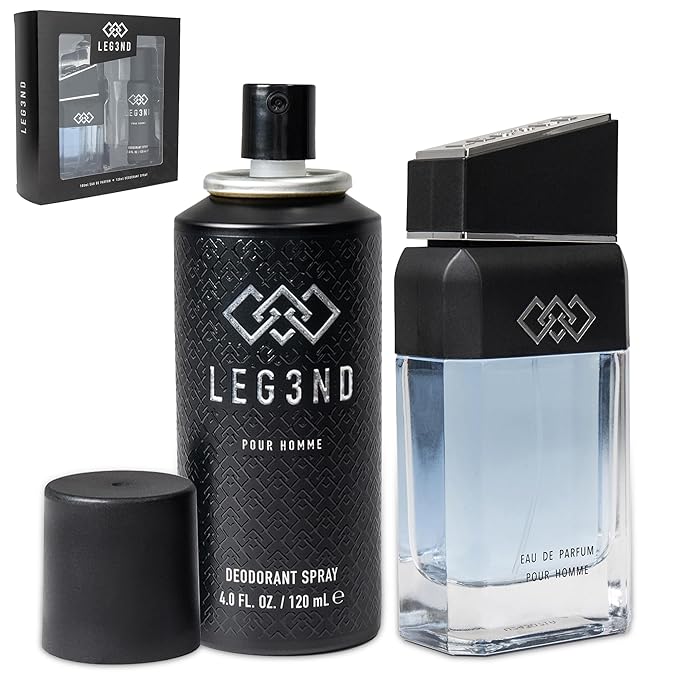 LEG3ND Gift Set - Men's Fragrances Bundle with 3.4oz EDP Spray (Italian Bergamot &amp Patchouli) + 4.0oz All Over Body Deodorant for Men (Amber &amp Cedarwood Blend)