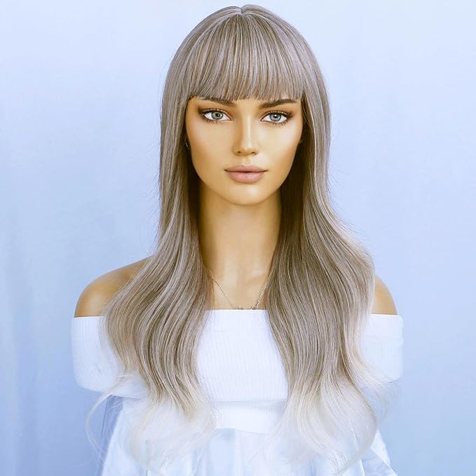 BERON Blonde Brown Long Wigs Women Wavy Wig with Bangs 26 Inches Curly Synthetic Wigs for Cosplay Party Wigs Wig Cap Included