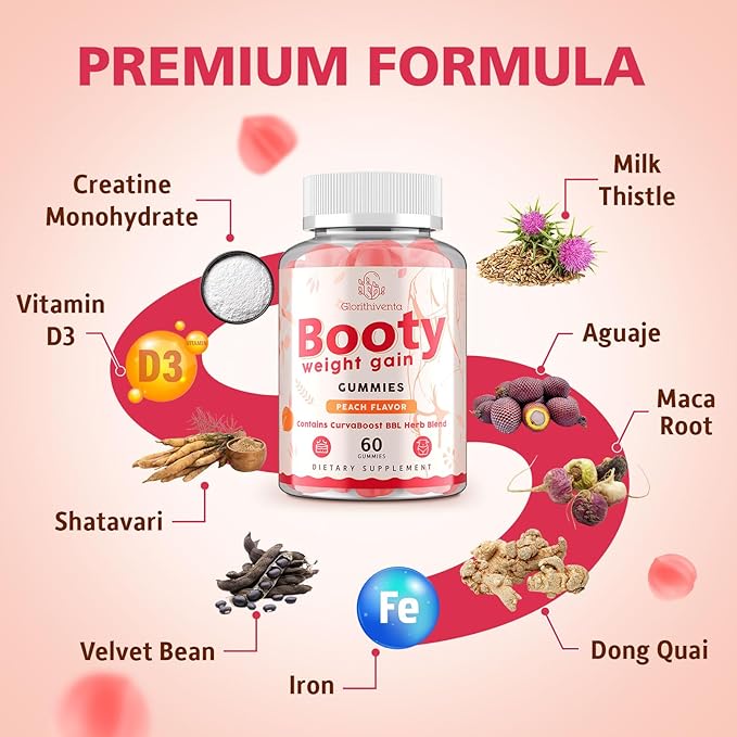 Booty Gummies for Women BBL Gummies Contains CurvaBoost BBL Herb Blend &amp Creatine Monohydrate for Booty Curves &amp Energy Zero Sugar Vegan Peach Flavor - 120 Counts