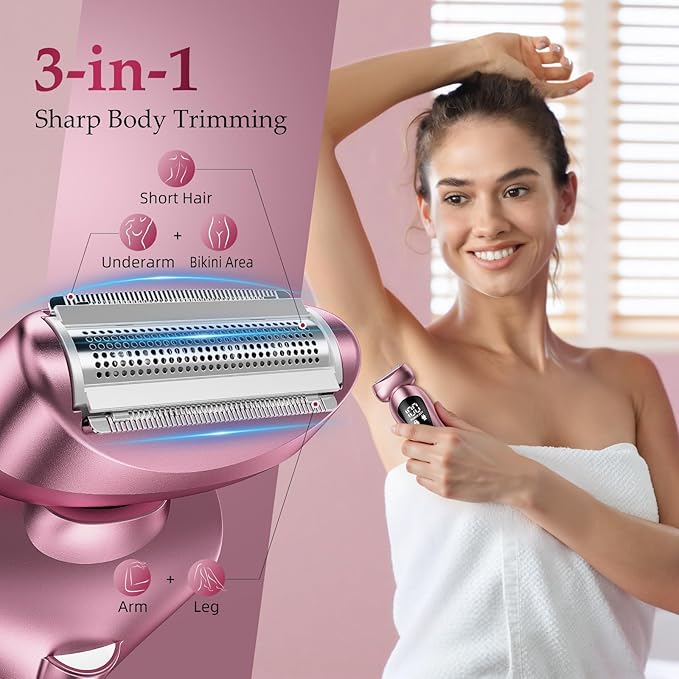 Electric Bikini Trimmer for Women: Rechargeable Painless Shaver for Body Hair - IPX7 Waterproof Cordless Razor with LED Display for Face/Leg Light Pink