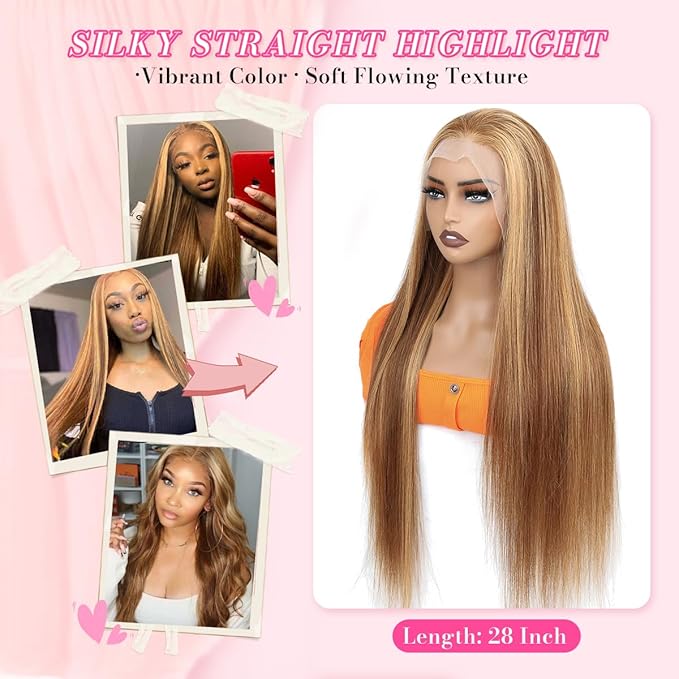 Honey Blonde Wig Human Hair Straight P4/27 Highlight Straight Lace Front Wig 26 Inch 180% Density- ?Premium Human Hair No Shedding 13x4 Lace Breathable Cap Perfect for Daily Wear &amp Styling